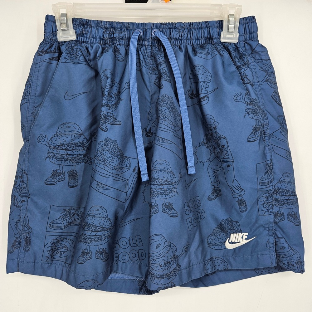 Nike Shorts Mens Small Woven Flow‎ All Over Print Blue Sportswear Sole Food
